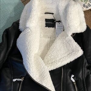 Black and White Shearling Leather Jacket by